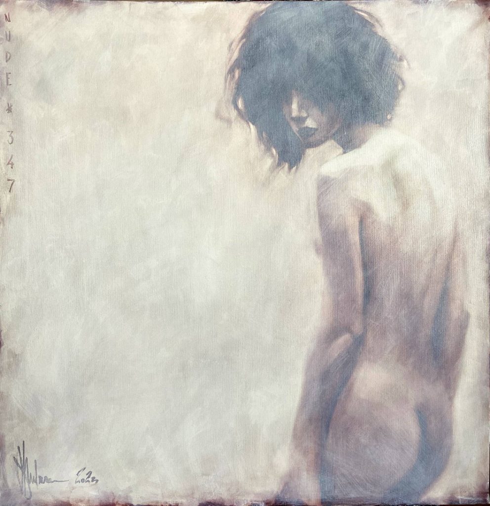 Expressive oil painting "Nude #347" by Igor Shulman featuring a softened silhouette of a naked female figure on a 70 x 70 cm canvas
