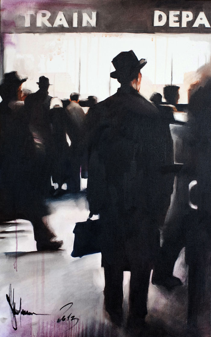 Emotional encounters in train station painting - Stations Collection by Igor Shulman