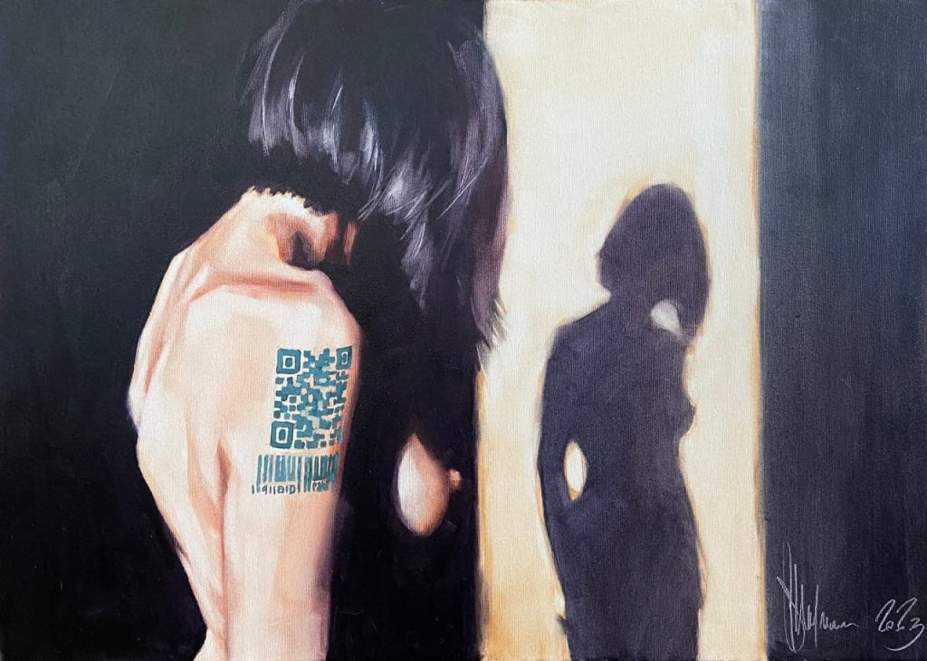 Impressionistic oil painting by Igor Shulman, titled "About Light and Shadows," featuring a nude figure illuminated by dramatic, transparent shadows on a 70 x 50 cm canvas