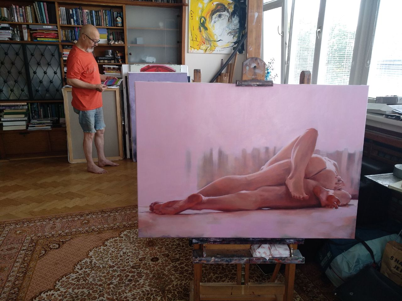 oil painting pink morning in process