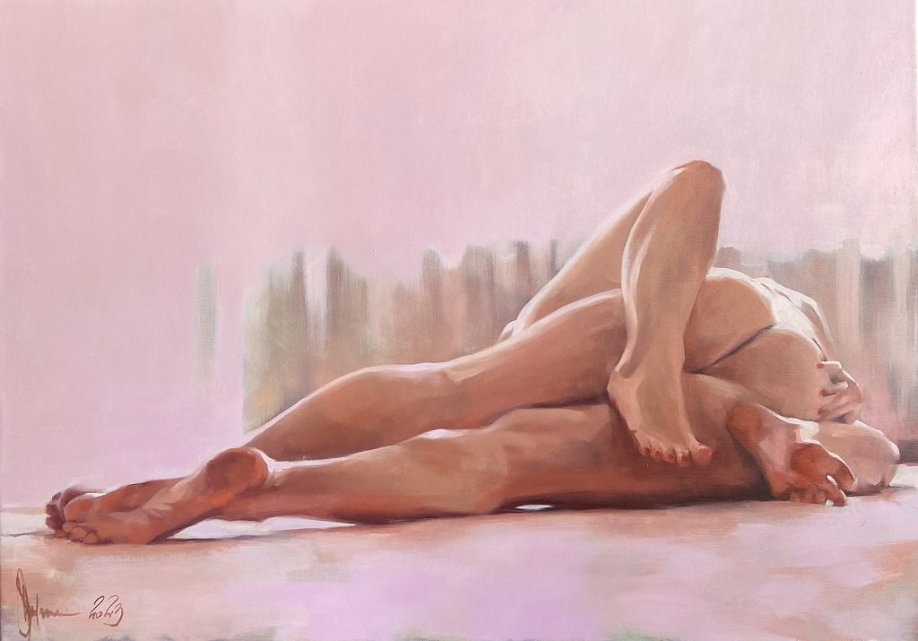 Oil painting by Igor Shulman titled "Pink Morning," showing a soft, pink-lit scene that captures the physical aspect of love on a 100 x 70 cm canvas