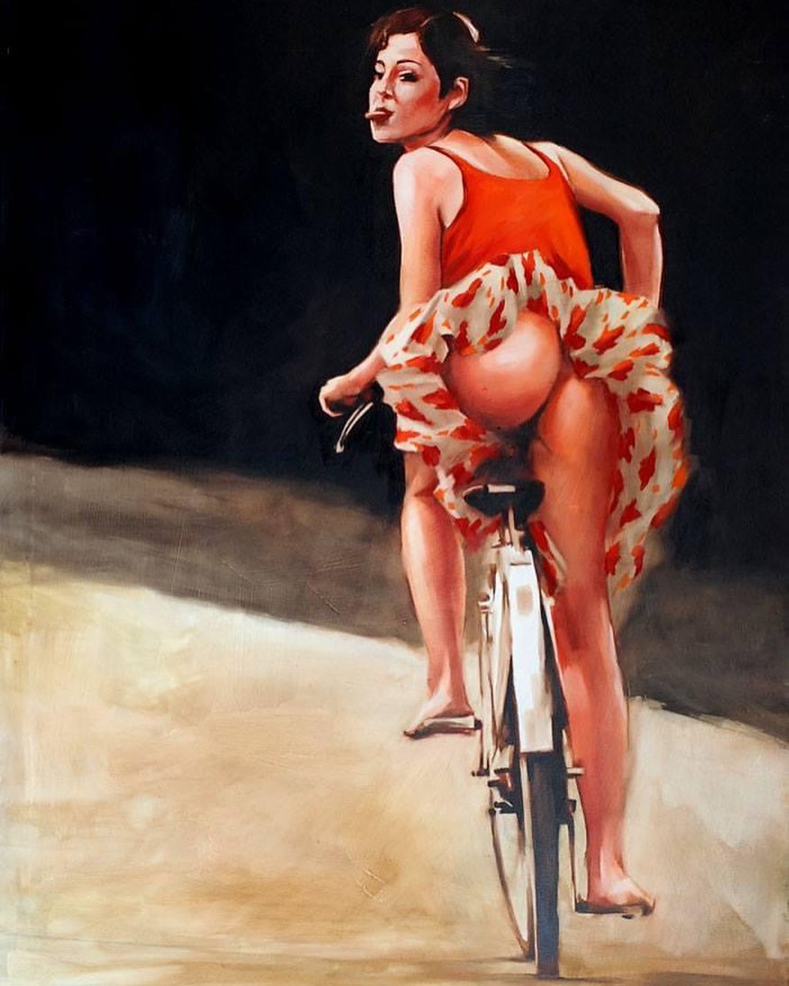 Erotic oil painting - Woman and bicycle (2012) by Igor Shulman