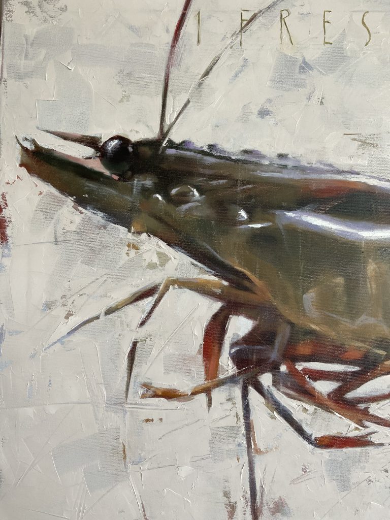 Close-up of shrimp shell showing layered oil paint texture