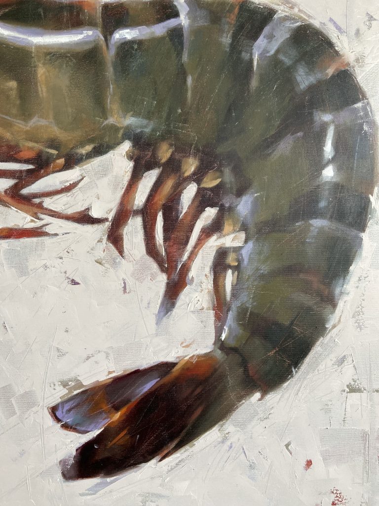 Reddish shrimp legs rendered with visible impasto strokes