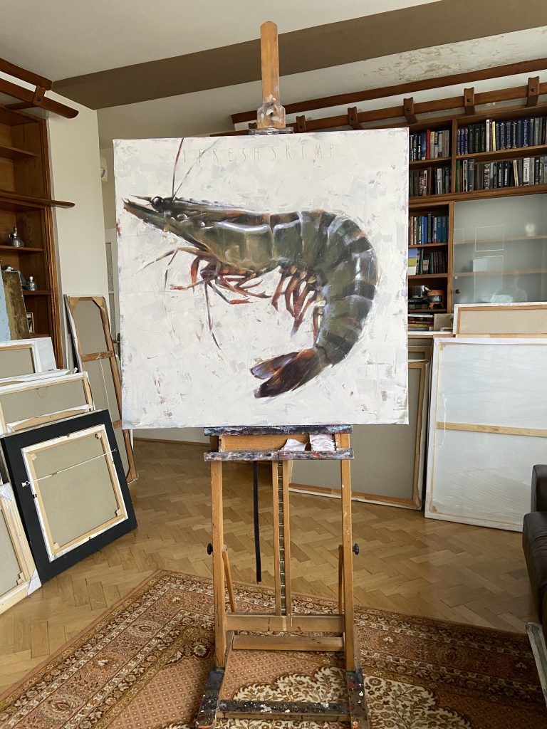 Igor Shulman shrimp painting displayed on easel in studio
