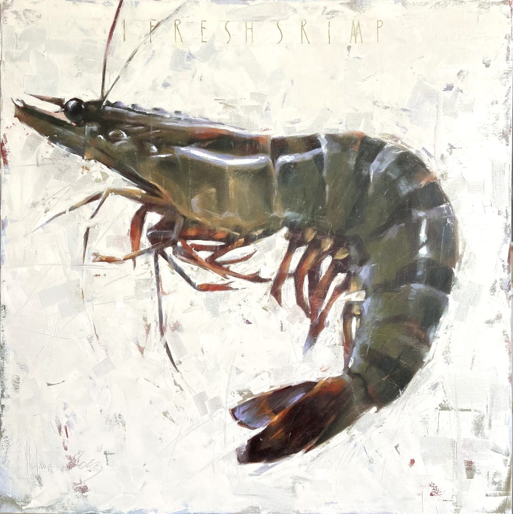Square oil painting of a single fresh shrimp on textured white background by Igor Shulman