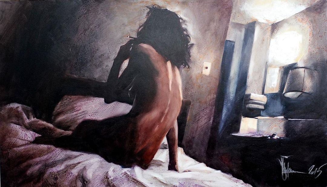 Erotic Oil Painting - Woman turned back in a Bed