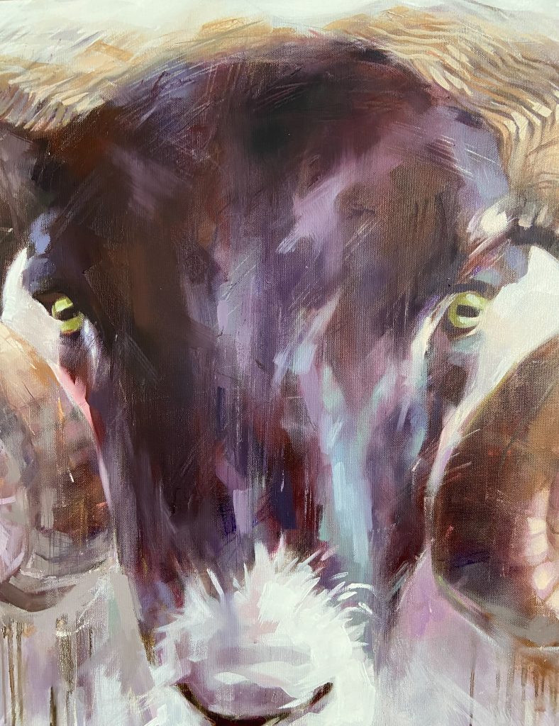 Close-up of thick impasto oil paint on the ram's white woolly fleece near the chest