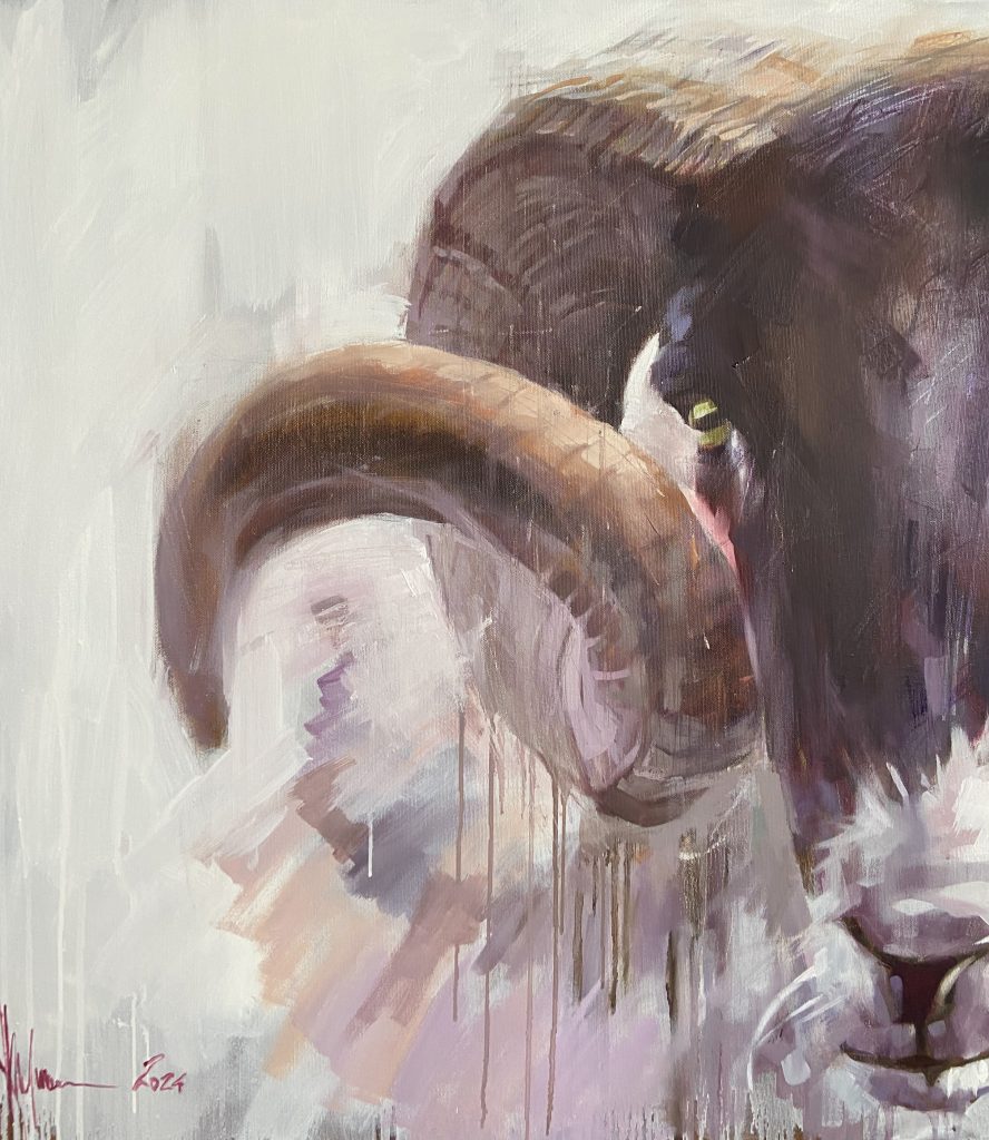Curled brown horn detail with ridged texture and shadow rendered in expressive oil paint