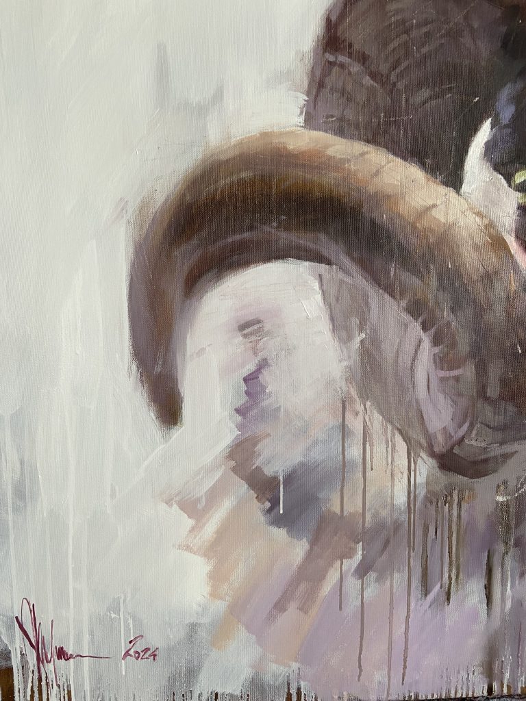 Yellow-green ram eye painted in oil with dark surrounding fur and direct forward gaze