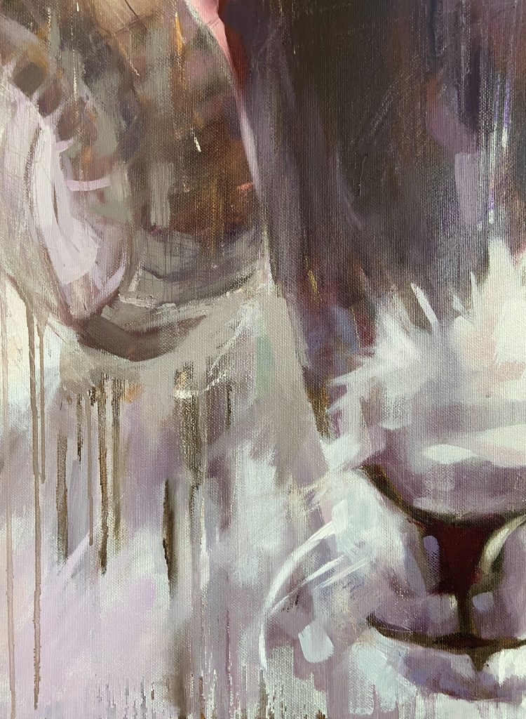 Dark black-painted head surface showing brushstroke direction and tonal depth in oil