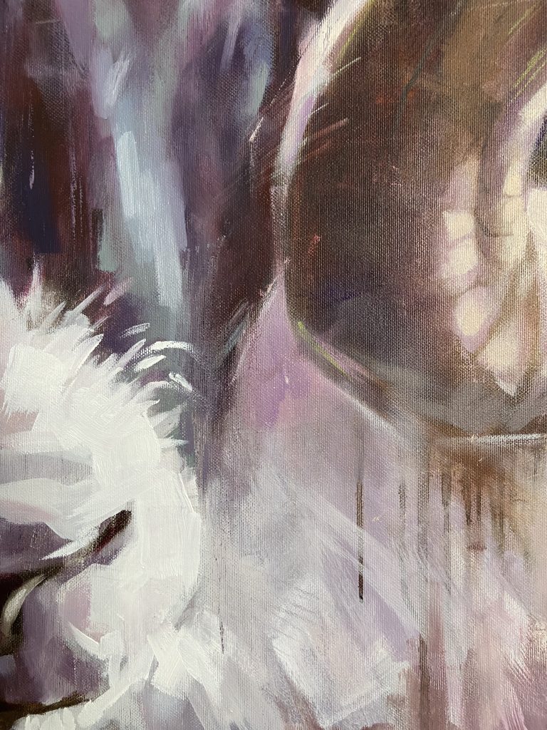 Lower canvas area showing loose abstract brushstrokes of pink, white, and purple oil paint