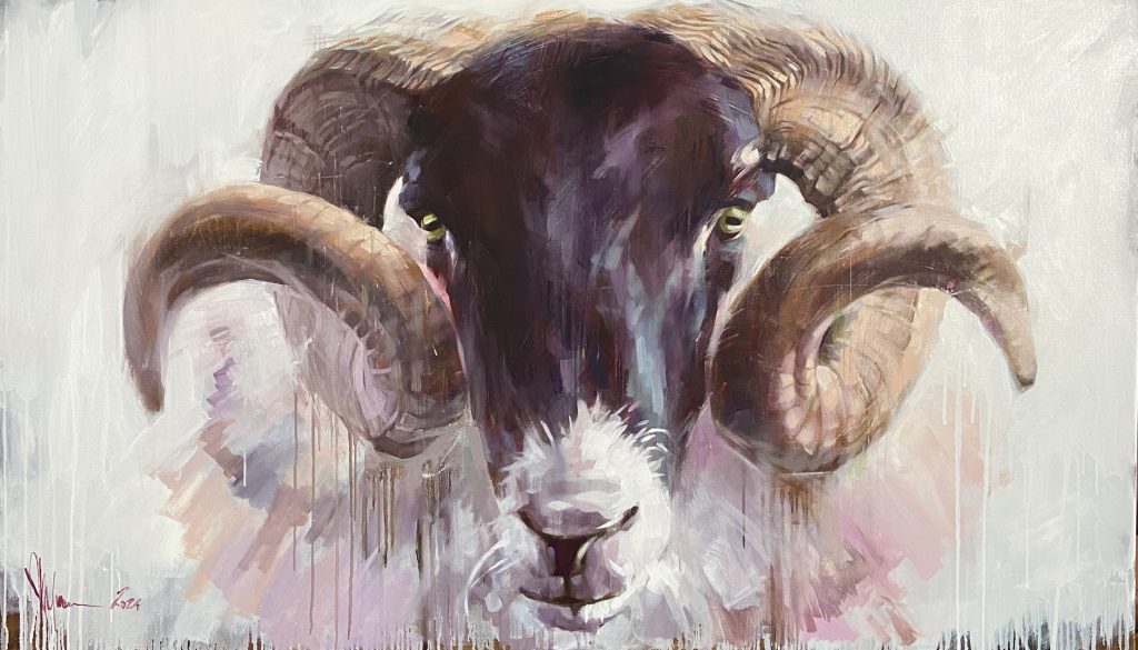 Igor Shulman oil painting portrait of a black-headed ram facing forward on pale background