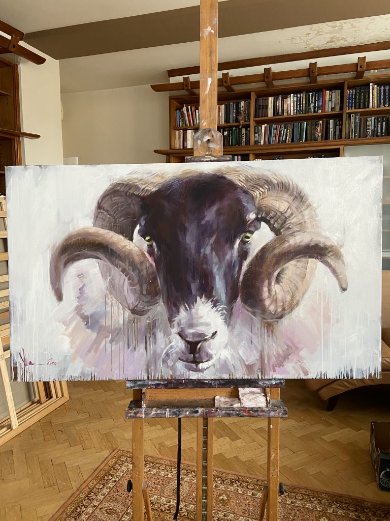 Large Igor Shulman oil painting of a ram on studio easel showing full landscape canvas scale