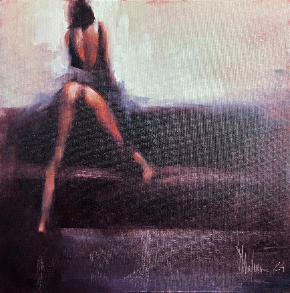 Impressionistic oil painting of a simple and intimate female nude by Igor Shulman, 50 x 50 cm canvas