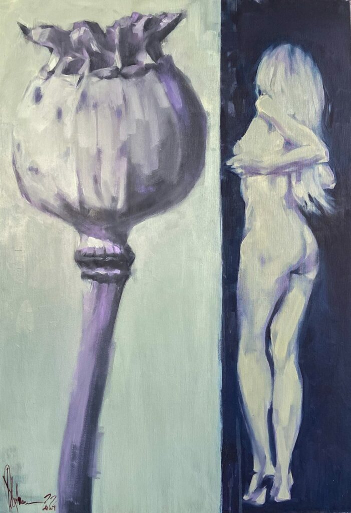 Impressionistic oil painting on canvas by Igor Shulman titled "The Limits of Pleasure," showing a nude figure exploring personal boundaries, 66 x 97 cm