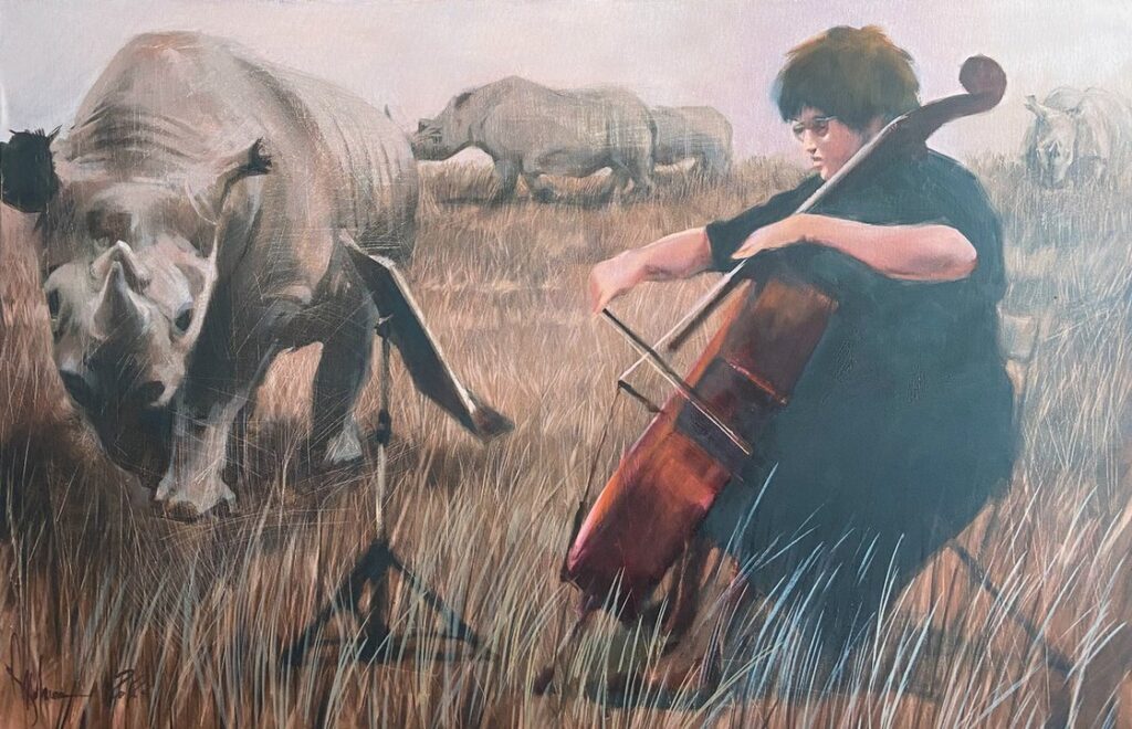 Oil painting cellist playing in savanna with rhinos Igor Shulman