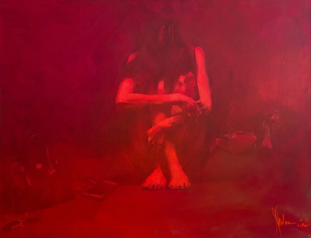 Expressive oil painting by Igor Shulman showing a woman in a posture of fatigue and despair after a party, set against intense red hues, 90 x 70 cm on canvas