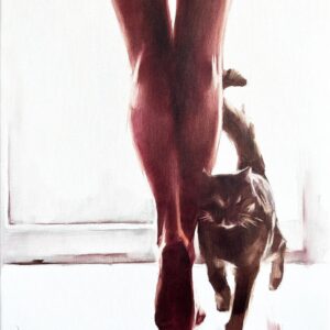 Urban style oil painting of woman’s legs with a kitten in morning light by Igor Shulman