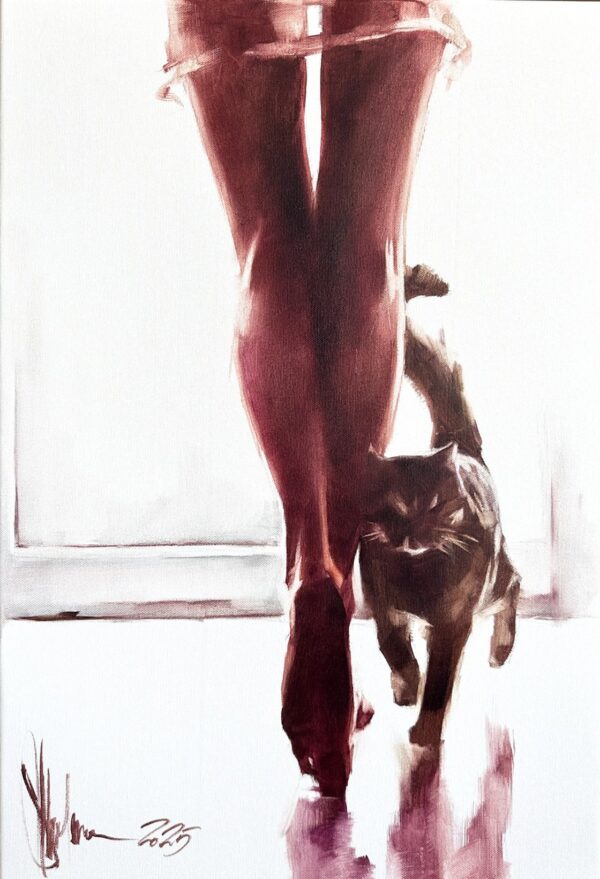 Urban style oil painting of woman’s legs with a kitten in morning light by Igor Shulman