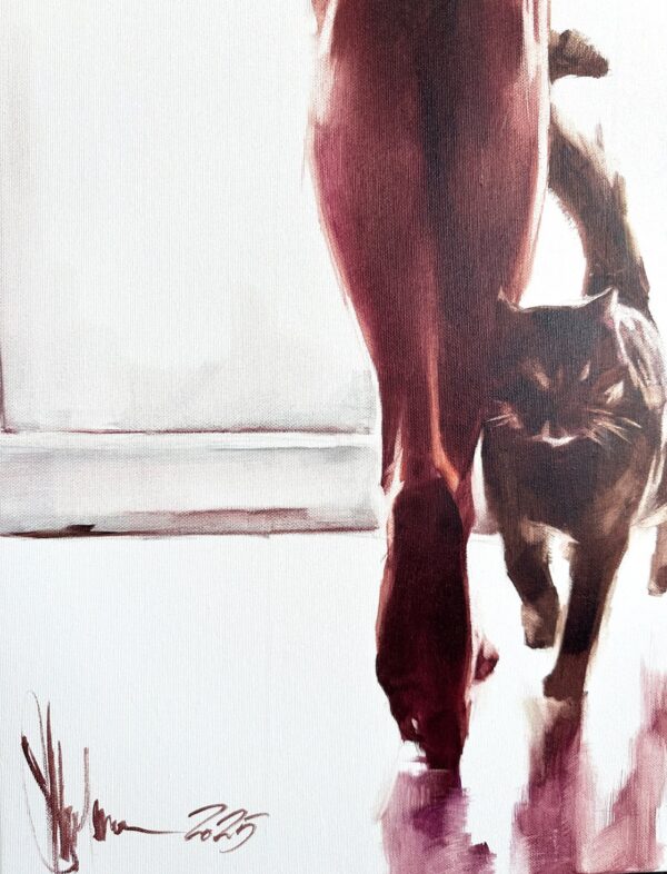 Close-up of kitten and morning light effects in oil painting.