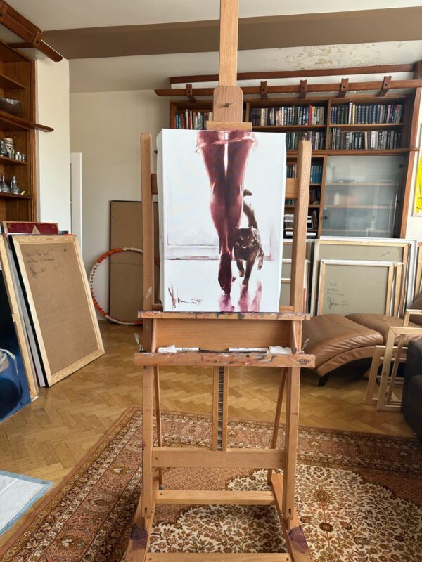 Igor Shulman’s Morning Sketch oil painting displayed on an easel in the artist’s studio.