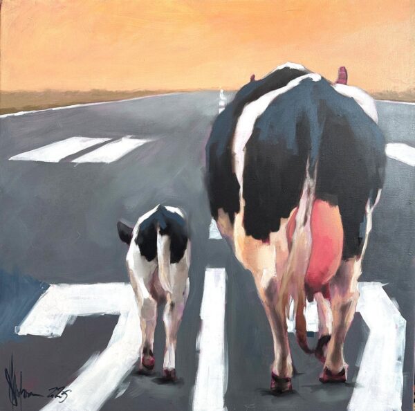 Impressionistic oil painting of two cows, one teaching the other to fly, by Igor Shulman.