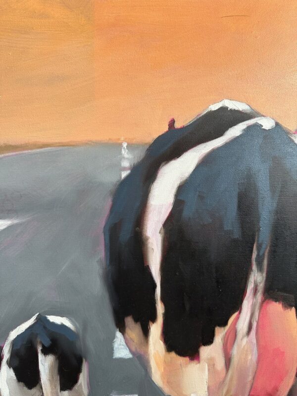 Close-up of textured brushwork in playful cow oil painting.