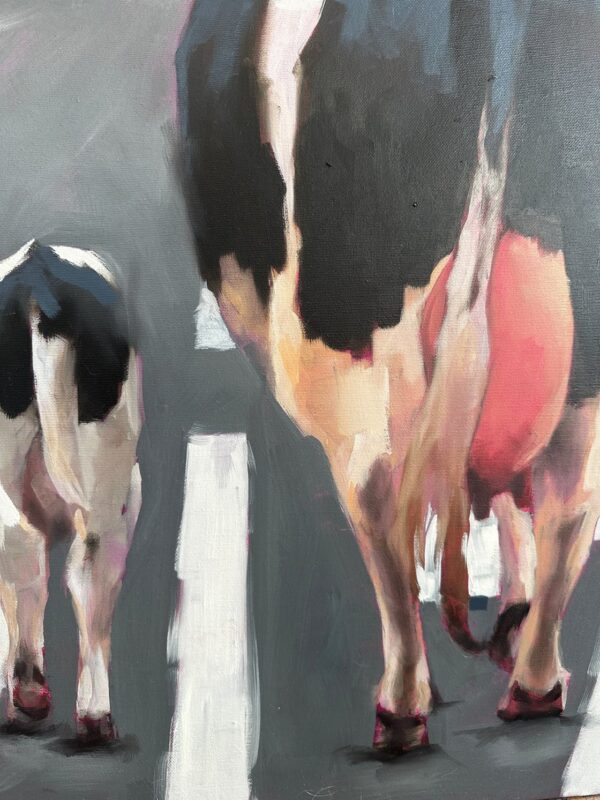 Detail showing impressionistic forms of cows in oil painting.
