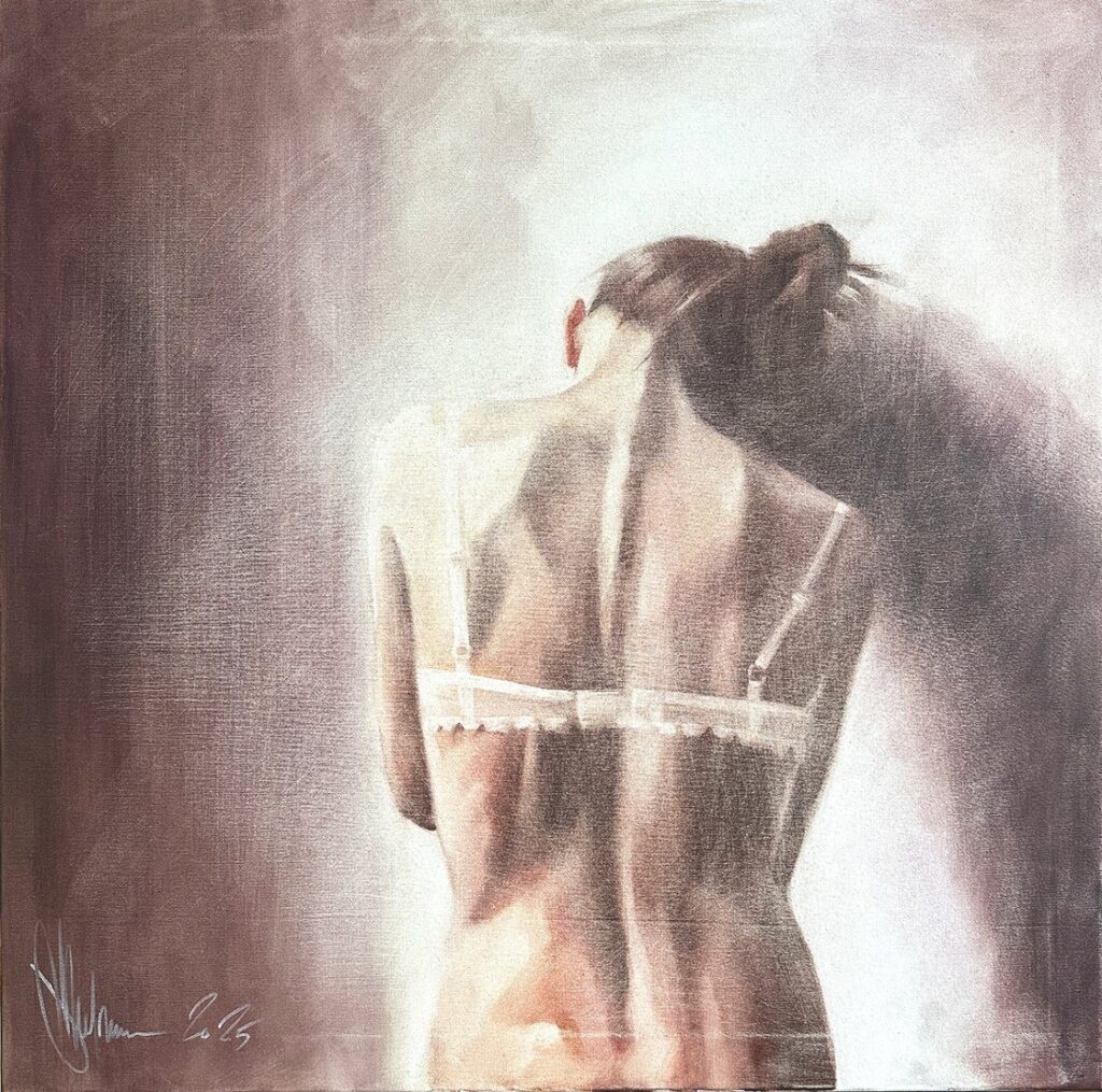 Expressive oil painting fragment of a woman’s body in muted tones by Igor Shulman.