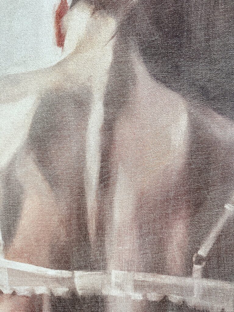 Close-up of gestural brushstrokes and muted colors in oil painting.