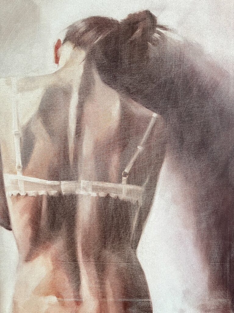 Detail showing a fragment of female form in expressive oil painting.