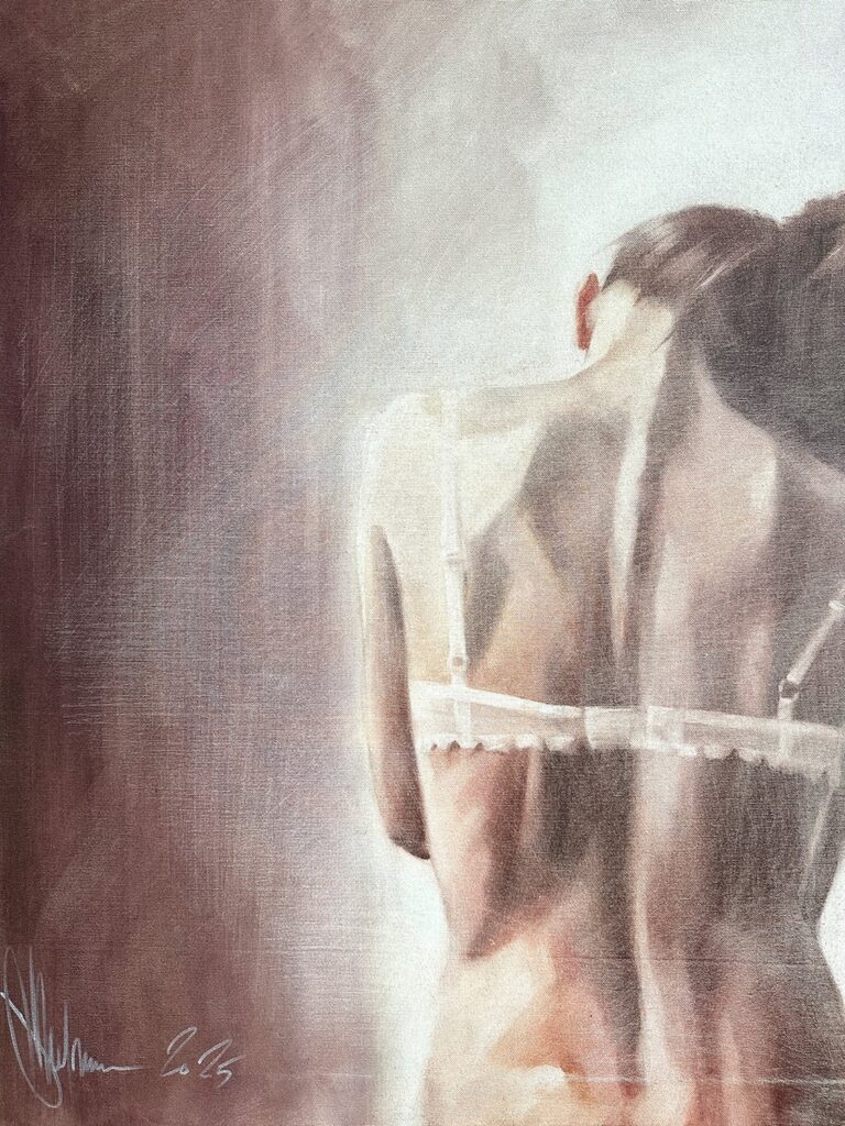 Subtle layering of light and shadow in fragment of oil painting.