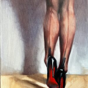 Impressionistic oil painting by Igor Shulman featuring women’s legs in classic Louboutin shoes on a 60 x 40 cm canvas.