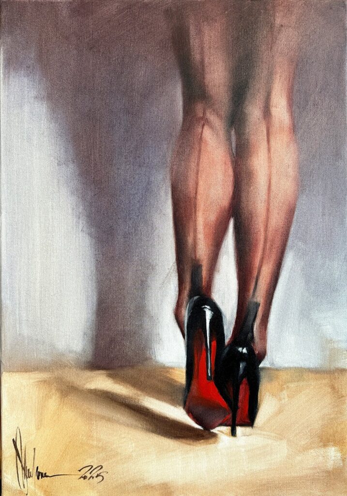 Impressionistic oil painting by Igor Shulman featuring women’s legs in classic Louboutin shoes on a 60 x 40 cm canvas.