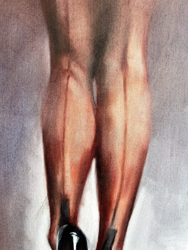 Close-up of bold brushwork highlighting red shoes in oil painting.