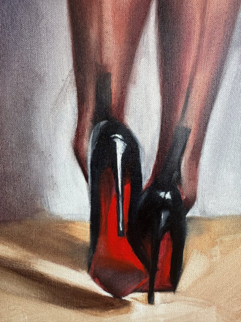 Detail showing red shoes and graceful legs in impressionistic oil painting.