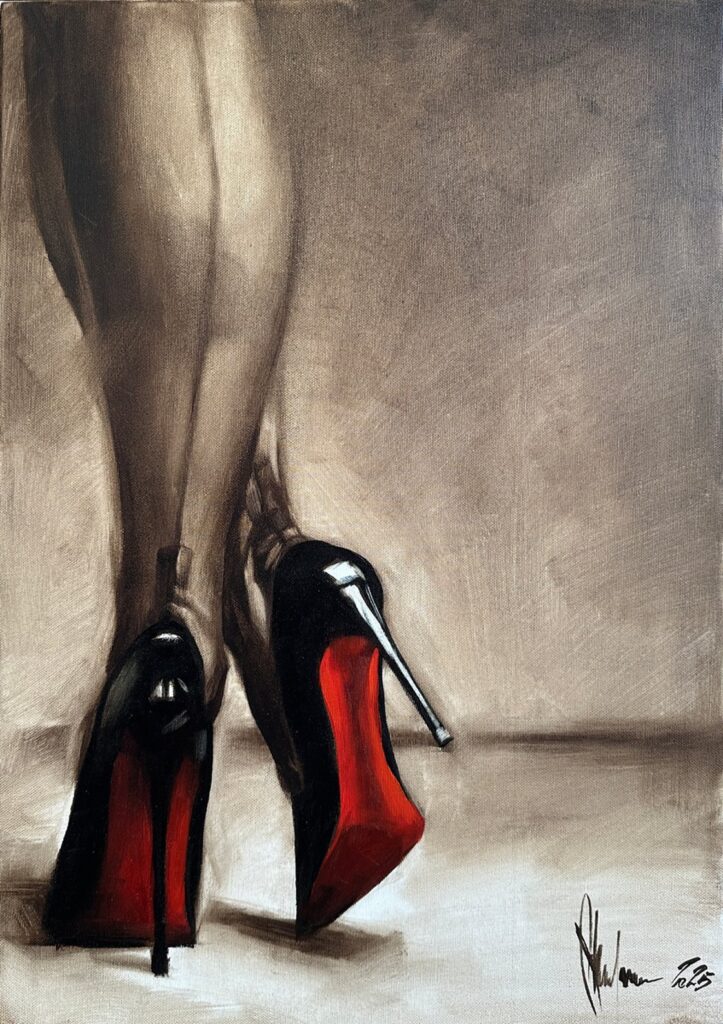 Impressionistic oil painting by Igor Shulman showing women’s legs with classic Louboutin shoes, 40 x 60 cm on canvas