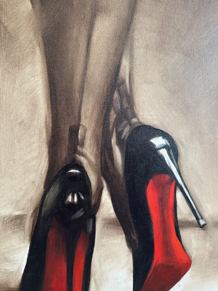 Detail showing vivid red shoes and elegant legs in impressionistic style.