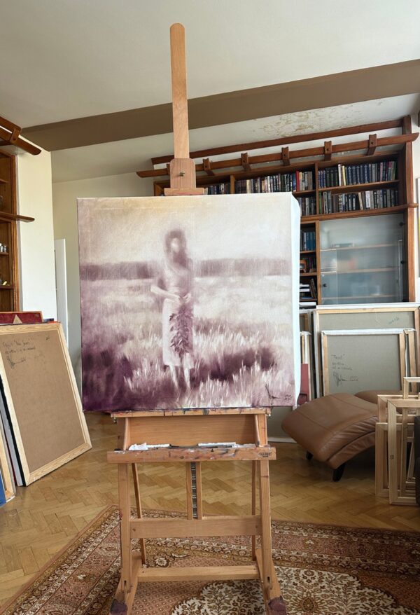 Igor Shulman’s oil painting Memory displayed on an easel in the artist’s studio.
