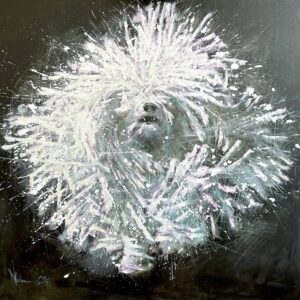 Expressive oil painting of a fluffy white dog with energetic strokes on dark background.