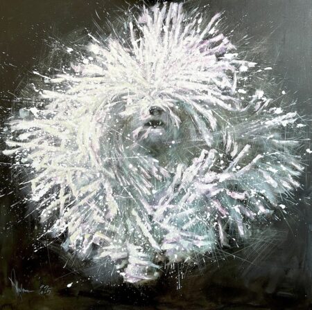 Expressive oil painting of a fluffy white dog with energetic strokes on dark background.