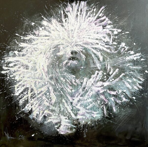 Expressive oil painting of a fluffy white dog with energetic strokes on dark background.