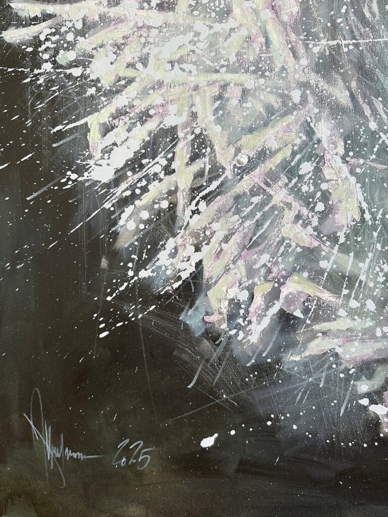 Close-up showing energetic white brushstrokes on dark canvas in dog painting.