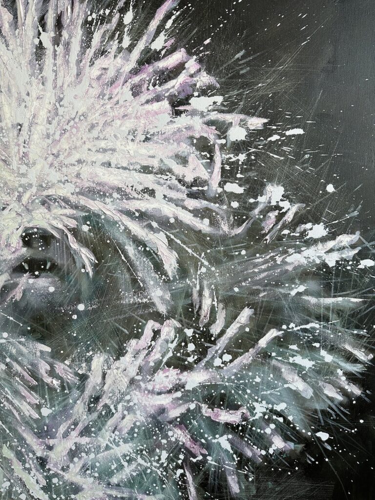 Black and white contrast emphasizing dog’s features in expressive oil painting.