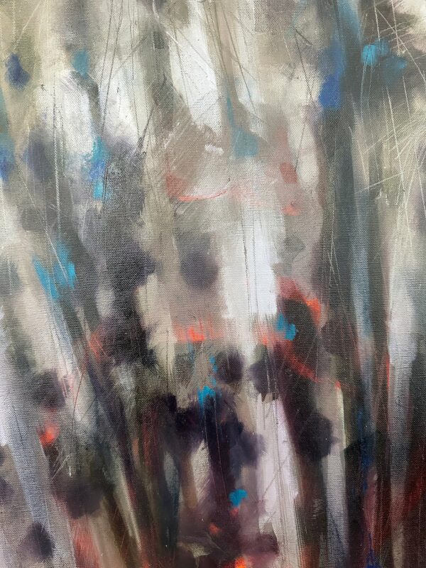 Detail of expressionist oil painting "Weeds" by Igor Shulman showing textured brushstrokes and vibrant wild flowers