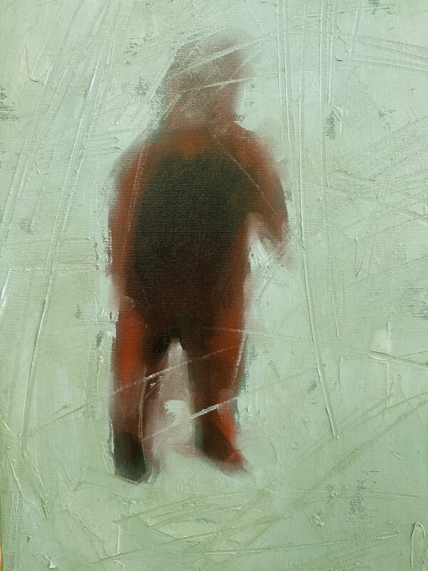 Detail of the solitary figure and abstract pale green background in Memory Card oil painting by Igor Shulman