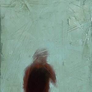 Memory Card original oil painting by Igor Shulman showing a solitary figure in a textured green abstract background