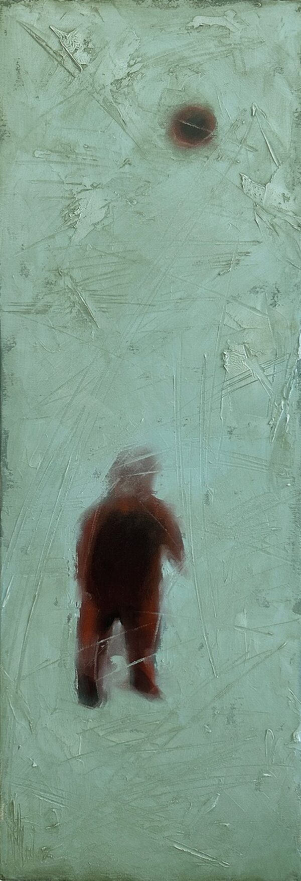 Memory Card original oil painting by Igor Shulman showing a solitary figure in a textured green abstract background