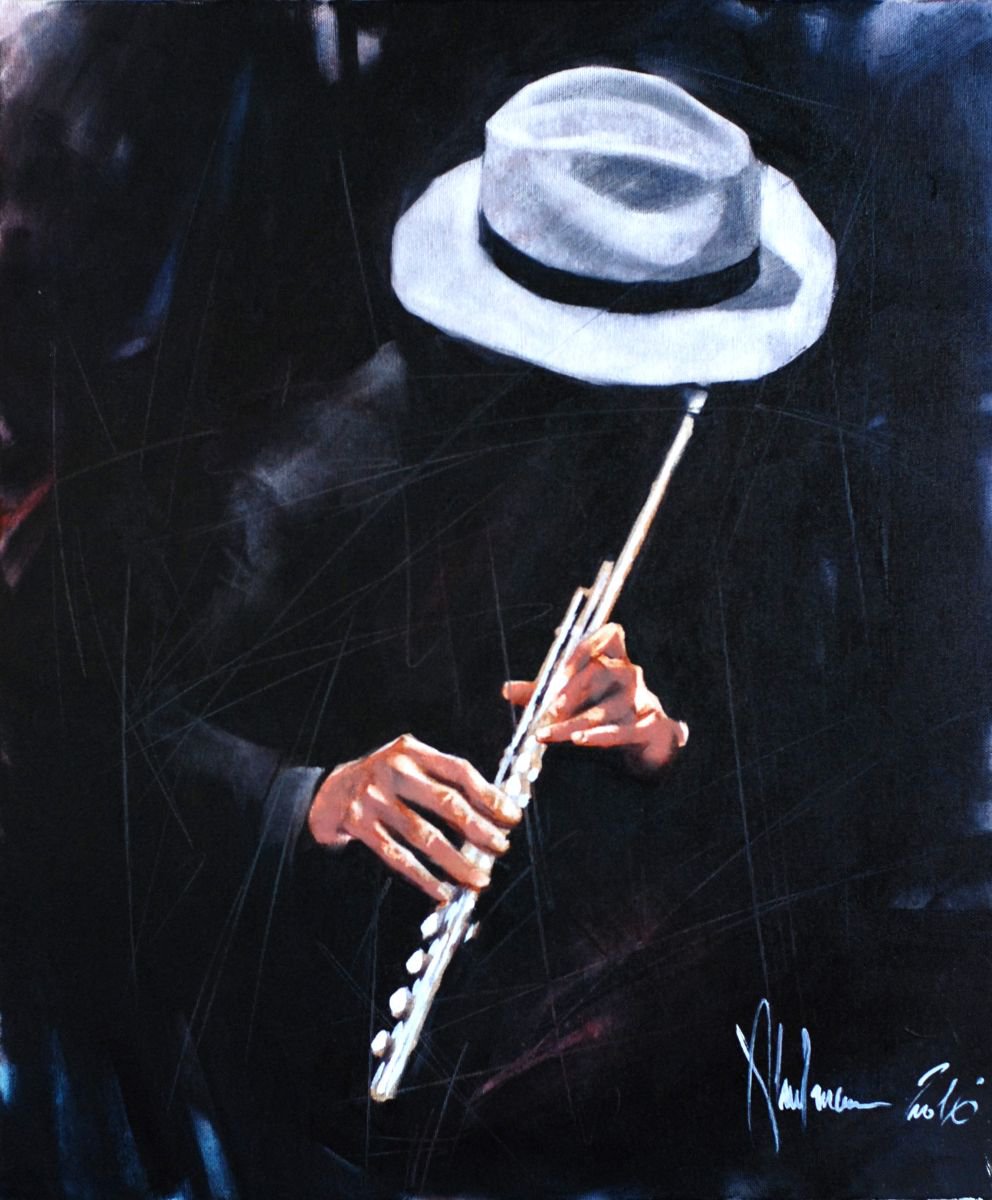 The painting shows a mysterious figure playing a flute, capturing the solitary beauty and expressive power of music. The Musician - a person, seemingly male, is the central focus. Their face is obscured by a wide-brimmed, light grey fedora with a dark band. Only their hands, delicately holding and playing a silver flute, are visible. The hands are depicted with a detailed attention to their form and the way they interact with the instrument; showing a delicate and precise technique. Their posture is relaxed but focused, suggesting concentration and immersion in the music. The musician is dressed in dark clothing, largely obscured by shadow, which emphasizes their anonymity. A gleaming silver flute is held elegantly in the musician's hands. The metallic sheen of the flute contrasts nicely with the darker tones of the background. The flute's presence is not simply an object; it's an extension of the musician and a conduit for their expression. The setting is undefined and vague, adding to the mysterious air. The background is primarily a dark, almost black canvas. The artist uses a striking interplay of light and dark; the light is focused primarily on the hat and the flute, drawing the viewer's eye to those elements. However, dark areas are not just empty spaces, they're filled with expressive brushstrokes suggesting a sense of movement and depth. These strokes are dark and appear almost scratch-like, contributing to the overall moody atmosphere. A few hints of deeper colors—like burgundy or deep purple—peek through the darkness, suggesting additional layers or depth to the scene. The texture appears to be thick, impasto-like, adding to the painting's visual strength and intensity. The style leans towards Expressionism, favoring mood and emotional impact over strict realism. The artist clearly uses oil paints with an expressive technique, employing visible brushstrokes, particularly in the background, to create texture and movement. The use of chiaroscuro (strong contrast between light and dark) is also prominent. The focus on light accentuates the musician's hands and the flute, highlighting the act of performance. While details in the background are minimized, this abstraction doesn't detract from the painting but rather builds the mystery. The overall mood is contemplative, mysterious and somewhat melancholic. The darkness surrounding the figure isolates them, creating a sense of solitude and introspection. The fluidity of the brushstrokes, particularly in the background, suggests a sense of inner movement or emotion, perhaps reflecting the emotional depth of the music being played. The calmness of the hands contrasts with the intense emotion suggested by the darkness, creating a subtle tension. The obscured face of the musician enhances the painting's mystique. The anonymity allows the viewer to project their own interpretations onto the figure. The act of playing the flute becomes a metaphor for artistic expression, creativity, and the power of music to transcend the mundane. The contrast of the light-colored hat against the dark background might symbolize the artist’s personality, revealing glimpses into their inner self while remaining largely hidden, adding to the enigmatic nature of the work. The overall atmosphere reflects the emotions experienced in solitude, the inner strength and beauty found in personal expression and creativity.